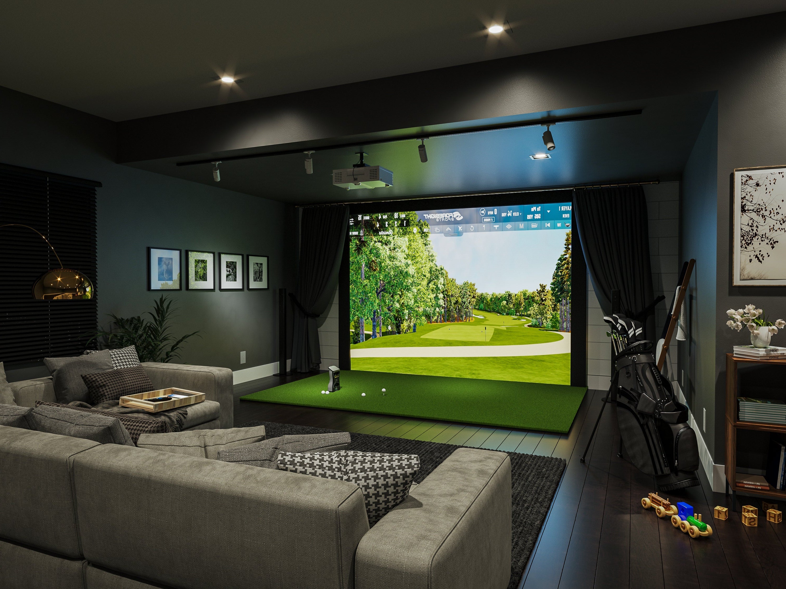 Golf Simulator in Basement. Couch overlooking the whole simulator setup with golf bag and clubs. Foresight sports golf simulator.