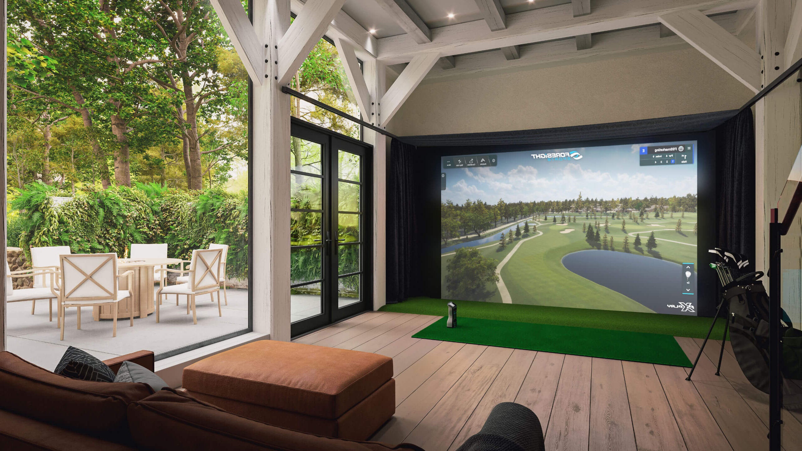 Foresight golf simulator in a backyard pergola outdoor scenery and seating